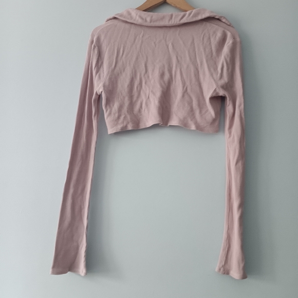 Lovers & Friends Celeste Blush Pink Waffle Knit Cropped Polo Top S - Picture 3 of 7